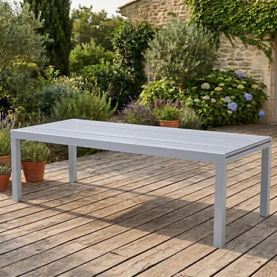 Image de Table Tulum10/14 personnes structure blanche, plateau en aluminiumReproductions bois gris