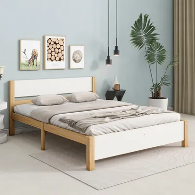 Image de OKWISH Lit double 140x200 cm avec Tête et Pied de Lit - Blanc et Naturel