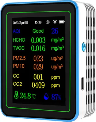 Zdjęcie produktu dla Detektor jakości powietrza WiFi 12 w 1, detektor dwutlenku węgla z wyświetlaczem czasu/daty, AQI PM2.5 PM10, HCHO TVOC CO CO2, urządzenie do pomiaru temperatury i wilgotności, tester jakości powietrza dla biur i szkół