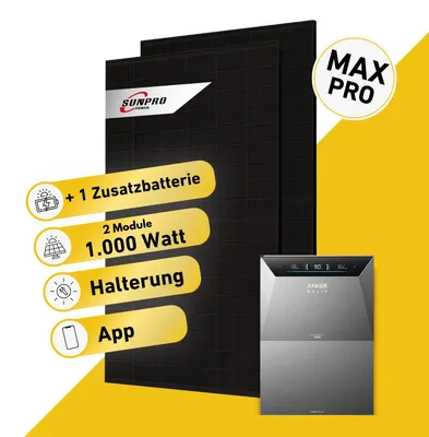 Produktbild von Balkonstrom Balkonkraftwerk 1000W mit Speicher | 1xZusatzspeicher | Ziegeldachhalterung | 2xSolarmodul Bifazial | Anker Solix 4 Pro |Kabel 15m
