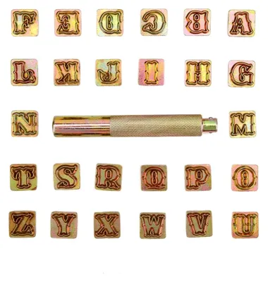Produktbild von Metall-Stempel-Set für Vintage-Alphabet-Buchstaben zum Gestalten von Namen auf Metall