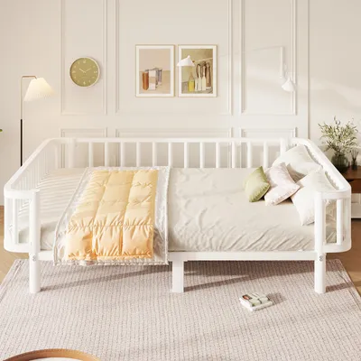 Immagine prodotto di Letto per bambini 140x200 cm con sponde laterali, divano letto con struttura in metallo e rete a doghe, letto a castello singolo/doppio in acciaio, colore bianco