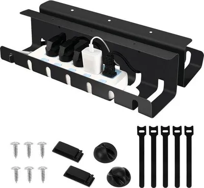 Productafbeelding van Ibenzoa® Kabelmanagement set – 2 kabelgoten (43x10x10 cm) van gepoedercoat staal, inclusief 5 kabelbinders en 2 clips, geschikt voor montage onder een bureau en aan de muur