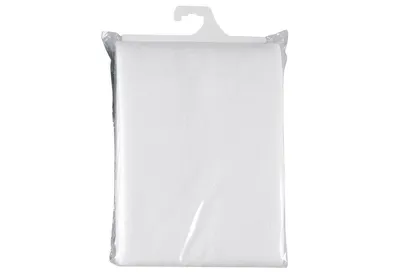 A white ironing board cover is shown in its packaging, hanging from a hook.