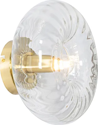 A close-up, studio shot of a wall lamp with a brass base and a clear, swirled glass shade.