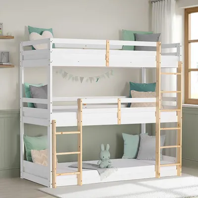 Produktbild von Homestyle4u Etagenbett 90x200 cm Hochbett Dreifachbett Weiß Massivholz Kinderbett Kinderzimmer