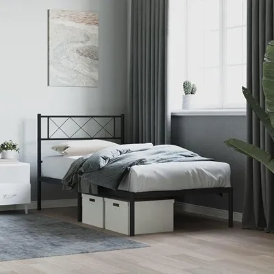 Image de Structure de lit avec tête de lit en métal noir, dimensions 80x200 cm. Structure de lit, lit avec sommier à lattes, cadre de lit plateforme, sans matelas. Montage facile, idéal pour chambre à coucher ou chambre d'amis. -C