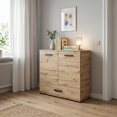 Produktbild von Masseno Kommode ALBANO 90 cm Sideboard mit 1 Schubladen und 2 Türen für Wohnzimmer Schlafzimmer Modern 90x40x83 cm Eiche Artisan