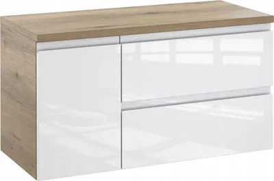 Produktbild von Furni Badunterschrank 90 cm Rechts mit Waschtischplatte – Eiche & Weiß Hochglanz, Vormontiert, Unterschrank für Aufsatzwaschbecken
