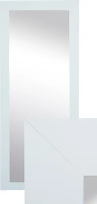 A white mirror with a white frame, shown from a diagonal angle.