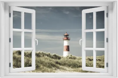 Produktbild von Wallario Wandbild mit Fenster-Illusion: Leuchtturm auf der Düne am Strand, Größe: 61 x 91,5 cm, Poster mit weißem Aluminiumrahmen