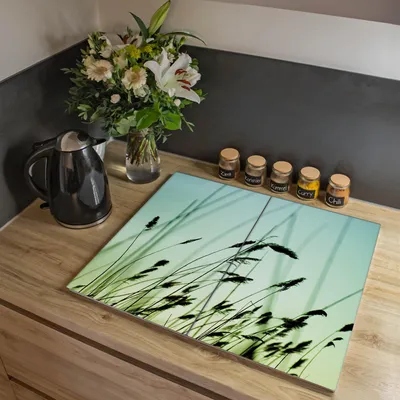 Zdjęcie produktu dla Dwuczęściowa płyta pokrywająca kuchenkę Banjado, każda o wymiarach 30 x 52 cm, z gumowymi podkładkami dystansowymi, szkło bezpieczne ESG z motywem traw [HAP2 12534]