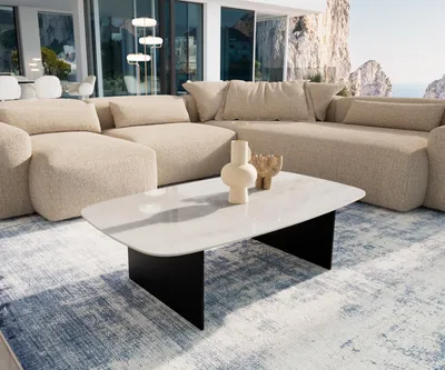 Produktbild von DELIFE Couchtisch Edge Boot 120x70 cm Keramik Onyx Champagne Salto Metall Schwarz