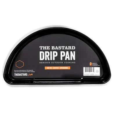 A black half-moon shaped drip pan with branding and product information on it, placed on a white background.
