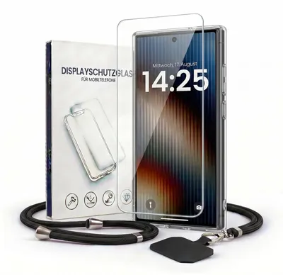 Produktbild von Handyhülle für Samsung Galaxy S23 Ultra mit Handykette und 9H Displayglas Displayschutz Band in Schwarz Kordel Hülle Case Schutzhülle Transparent