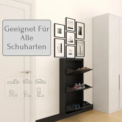 Produktbild von Furni24 Metall Schuhschrank Schwarz schmal – Schuhkipper mit 3 Klappen, Schuhregal für Flur & Diele, Wandmontage, platzsparend (100 x 50 x 15 cm), komplett vormontiert