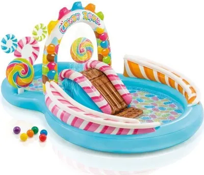 Produktbild von Planschbecken Kinder, INTEX Königreich der Süßigkeiten, 295 x 191 x 130 cm, Aufblasbar, Mit Rutsche und Sprinkler
