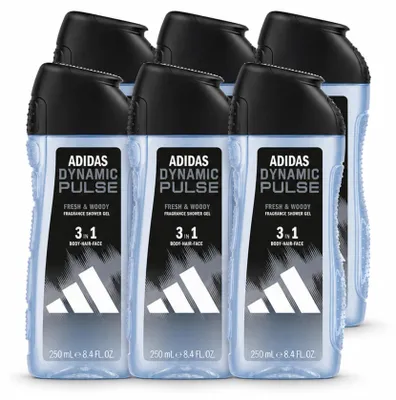 Immagine prodotto di 6 flaconi di gel doccia Adidas Dynamic Pulse 3-in-1, 250 ml ciascuno - confezione - 6 pezzi