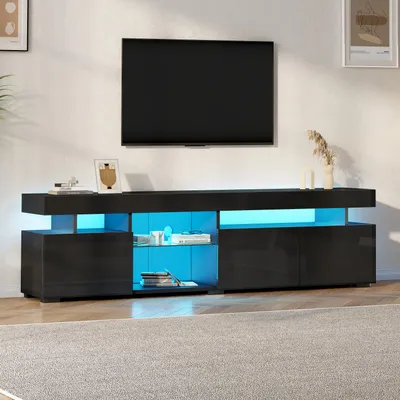 Produktbild von STILVORA TV-Schrank als Lowboard in Hochglanz mit 3 Türen und verstellbaren Glasböden, Lowboard für Fernseher bis 80 Zoll, Wohnzimmerschrank mit viel Stauraum Schwarz