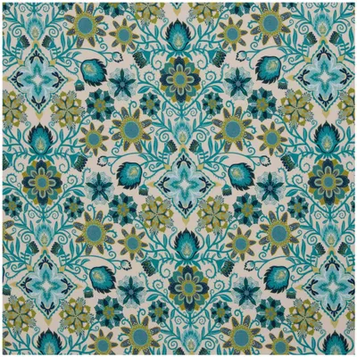 Sommersweat Tropical Flowers von Swafing in Petrol und Türkis, Design von Bienvenido Colorido, mit symmetrischem floralem Muster auf hellem Grund.