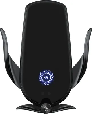 A black wireless car charger with automatic clamping and a glowing blue indicator light.