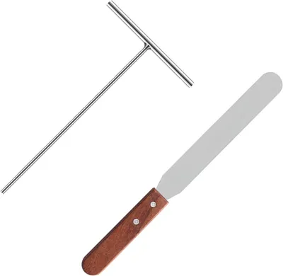 Imagen del producto de Espátula de acero inoxidable, en forma de T, de 32 cm, con mango de madera, ideal para hacer crepes