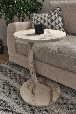Image de Table d'appoint en forme de C sur roulettes, 38 x 56 cm, blanc aspect marbre