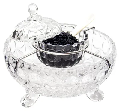 Kaviaar-Serverset mit 2 Perlmuttlöffeln, Glas, Tropfenmuster