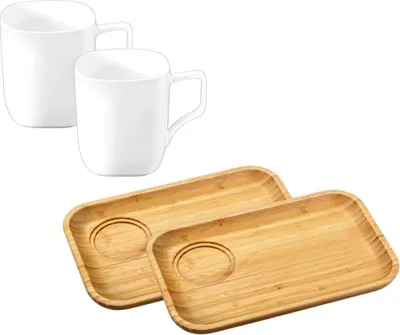 Produktbild von Wilmax Servierset 4-teilig mit Bambustellern 28 × 17,5 cm und Porzellanbechern 470 ml