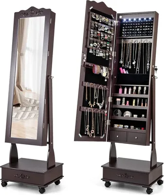 Produktbild von Schmuckschrank, Spiegelschrank mit Ganzkoerperspiegel & LED-Lichtern & Schubladen, Schmuckorganizer auf Rollen, Schmuckaufbewahrung Abschliessbar & Winkel Verstellbar (Braun)