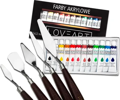 Zdjęcie produktu dla Farby akrylowe Loveart 12x12ml Szpachelki malarskie 5 sztuk