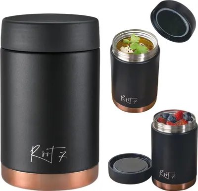 Produktbild von Root7 - Thermo Lunchbox Isoliert Edelstahl 500ml, Thermosbecher Essen, BPA-frei, Thermobecher Essen, Kompakte Größe, Thermo Speisebehälter - Lunchbox Thermobehälter Suppe Schwarz, mit Kupferelementen