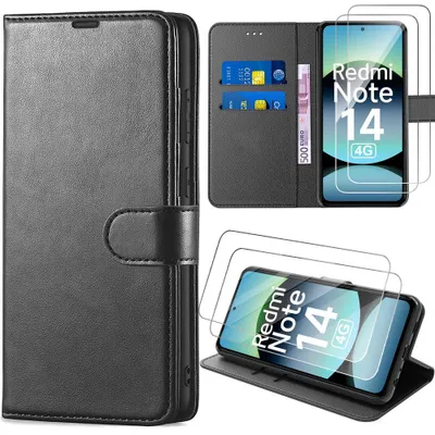 Image de Coque + 2 Verres Trempés pour Xiaomi Redmi Note 14 4G, Protection Anti-Rayures Cuir Synthétique - Noir