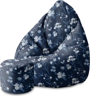 Produktbild von Dreamroots Bean Bag 80x80x120cm Sitzsack mit Lehne und Hocker und Bezug Sitzkissen Sitzsack mit Füllung Sitzsack Erwachsene mit Füllung Blue Botanical