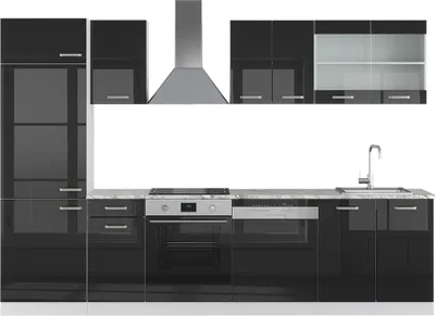 A modern, high-gloss black kitchen unit with a stainless steel range hood and appliances, set against a white background.