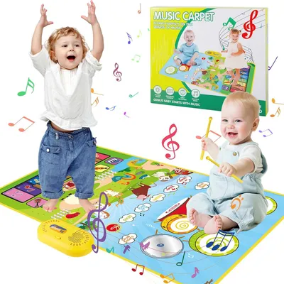 Productafbeelding van Muziekmateriaal voor kinderen vanaf 1 jaar – 3-in-1 pianomat met 13 toetsen, 6 instrumentgeluiden en 8 dierengeluiden – Dansmat met drumstel en 2 drumstokjes – Educatief muziekspeelgoed voor kinderen van 1 tot 4 jaar – Cadeau voor jongens en meisjes