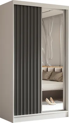 Produktbild von 120 cm Kleiderschrank Erika mit Lamellen und Spiegel inklusive 2 Schiebetüren Schwebetürenschrank Kleiderstange Garderobe Lieferung bis in die Wohnung (Farbe: weiß, grau, Lamelle grau)