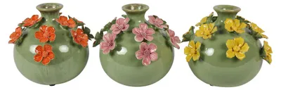 Productafbeelding van Countryfield keramische vaas, decoratie, bloemen, geel, groen, roze, 17x17x15 cm
