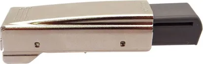 A close-up side view of a metal and plastic connector.