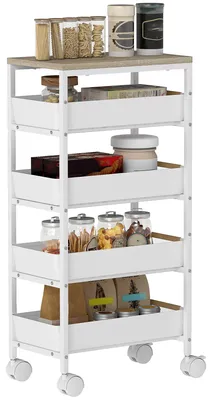 Image de Chariot de cuisine à 5 niveaux avec 4 tiroirs | Couleur : Blanc, Marron | Dimensions : 39,5 x 24 x 82 cm
