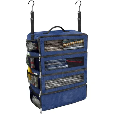 Produktbild von Hängender Kleiderschrank Organizer faltbar - 4 Fächer Aufbewahrungstasche mit großer Kapazität - Für Geschäftsreisen & Camping - Blau