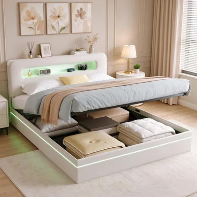 Image de INONEFT : Lit rembourré 140x200 cm avec éclairage LED et espace de rangement dans la tête de lit, lit à lattes avec sommier intégré, lit double avec espace de rangement, lit pour adolescents, revêtement en velours, couleur beige