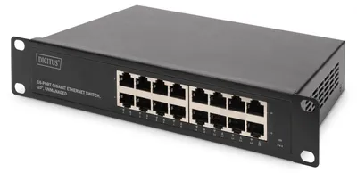 Zdjęcie produktu dla Digitus Przełącznik Gigabit Ethernet 10", 16-portowy, niezarządzalny, Nie zarządzany, Gigabit Ethernet (10/100/1000), Pełny dupleks, Możliwości montowania w stelażu, 1U