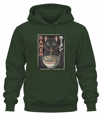 Immagine prodotto di Felpa con cappuccio "RAMEN Schwarze Katze", ispirata alla cucina giapponese, con stampe di noodles giapponesi e riferimenti allo stile Y2K e alla cultura otaku. Colore: verde bottiglia. Taglia: L