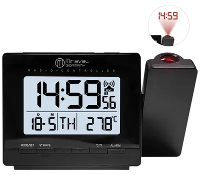 Produktbild von Funk-Projektionswecker Schwarz – DCF77 Funkuhr mit roter LED-Projektion, Temperaturanzeige, Snooze, Projektion 180°/360° drehbar