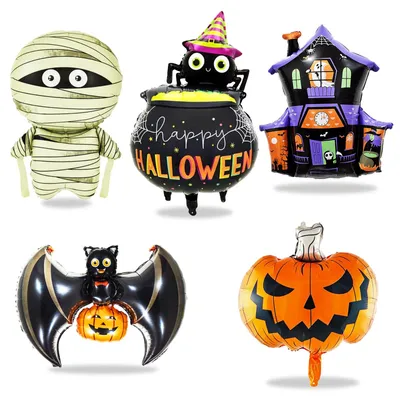 5 Halloween Folieballons – Kürbis, Fledermaus, Hexe, Spinne, Geisterhaus