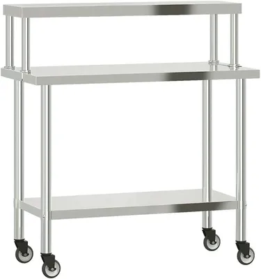 Produktbild von Küchen-Arbeitstisch mit Aufsatzboard und Rollen, 110 x 55 x 120 cm, Silbern, Edelstahl, für Lebensmittelzubereitung in Küchen und Restaurants