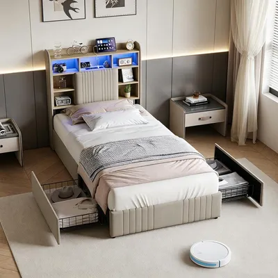 Image de Lit tapissé INONEFT, modèle boxspring, 90x200 cm, avec éclairage LED et ports USB/C. Lit simple avec structure et 2 tiroirs, tête de lit avec compartiment ouvert. Lit pour adolescents, couleur beige, tissu lin
