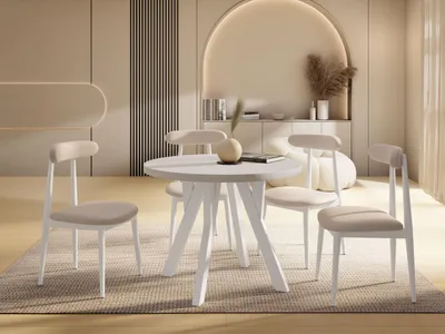 Produktbild von Runder Ausziehbarer Esstisch im Loft-Stil – Verlängerbarer Tisch mit Weißen Holzbeinen – Platzsparender Esstisch für Wohnzimmer – Kaschmir – 90 bis 190 cm