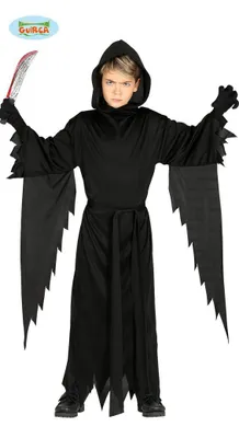 A child wearing a grim reaper costume holding a fake knife.